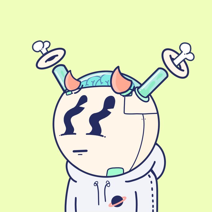 A cartoon-style character wearing a hoodie with exposed brain matter, syringes/antennae on its head, and small orange horns, set against a pale green background.