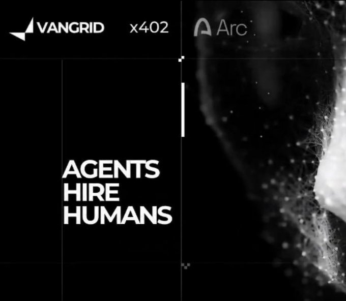 A black and white Vangrid x Arc graphic featuring the bold text 'AGENTS HIRE HUMANS' next to a textured profile image.