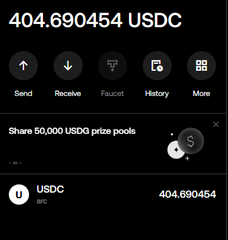 A digital wallet displays a balance of 404.690454 USDC on the top (with an identical amount shown at the bottom next to the USDC token) above action buttons for Send, Receive, Faucet, History, and More. The screenshot illustrates the practical use of the Arc Mainnet ecosystem mentioned in the post, where users can manage and trade USDC through recommended tools like Radar DEX, DYORSWAP, and various bridges.