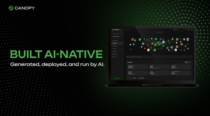 Promotional graphic for 'CANOPY' with the tagline 'BUILT AI-NATIVE - Generated, deployed, and run by AI,' showing a laptop interface displaying the platform's dashboard.