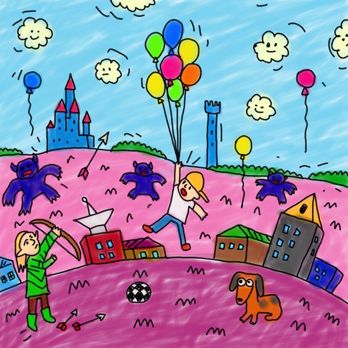 A colorful childlike drawing depicts a joyful scene with a girl holding a large bunch of balloons, a boy aiming a bow and arrow, three blue bears, a dog, a soccer ball, castles, and houses, all set in a whimsical pink landscape under a blue sky. The imagery evokes a playful, child-friendly atmosphere that aligns with the "KidStory" brand, while the lack of visible text or cryptocurrency references leaves the "300 GTD Drop EVM wallet" theme disconnected from the visual content.