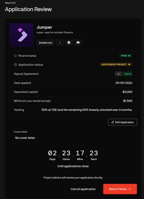 An application review screen for a project called 'Jumper' (jumper.xyz), described as a 'super-app for onchain finance.' It shows round status 'OPEN', application status 'IN REVIEW BY PROJECT', date applied 29/09/2026, deposited capital $3,000, and a countdown timer of 02 days, 23 hours, 17 minutes, 23 seconds until applications close.
