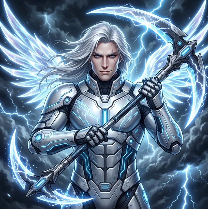 A fantasy illustration of a white-haired, blue-eyed warrior in futuristic white and silver armor with glowing blue accents, wielding a double-bladed scythe against a stormy, lightning-filled sky with large feathered wings behind him.