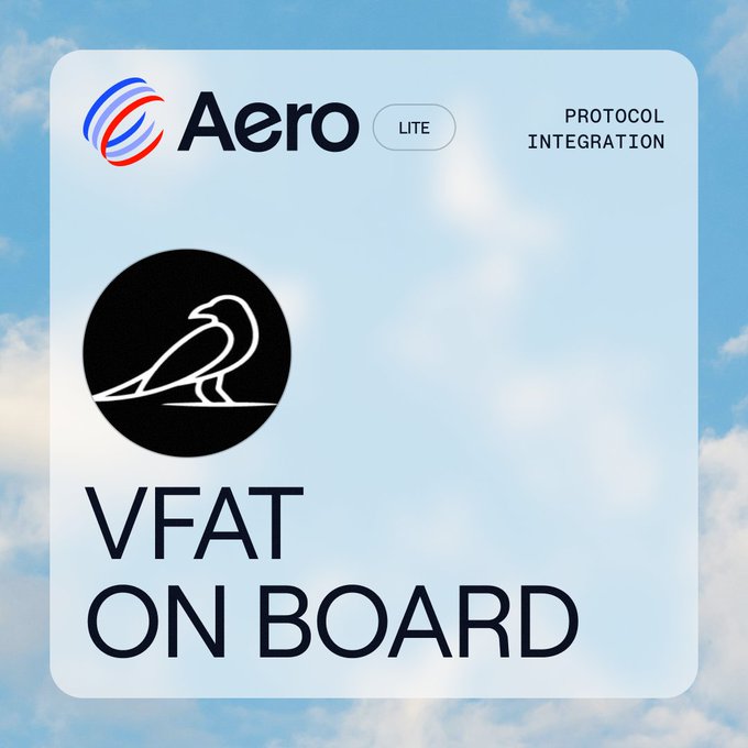 Aero LITE Protocol Integration announcement graphic featuring the Aero logo and a black circular logo with a white bird silhouette, displaying the text 'VFAT ON BOARD' against a sky and clouds background.