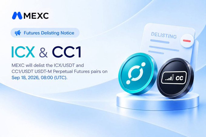A MEXC Futures Delisting Notice announces that the ICX/USDT and CC1/USDT perpetual futures pairs will be delisted on September 18, 2026, at 08:00 UTC.