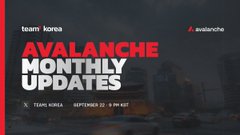 A graphic with a red accent bar reads 'team korea' and 'AVALANCHE MONTHLY UPDATES,' with event details 'TEAM KOREA • SEPTEMBER 22 • 8 PM KST' set against a dark cityscape background.