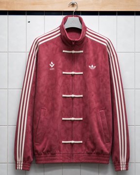 The image features a red jacket hanging against a white tiled wall, with the text "Guess the growth in LI.FI Intents over the next 7 days. Closest prediction wins this limited edition LI.FI x Adidas Chinese New Year jacket". The jacket is displayed prominently and appears to be made of a soft fabric like velvet or suede. It has a zipper running down the front, giving it a classic and stylish look.
