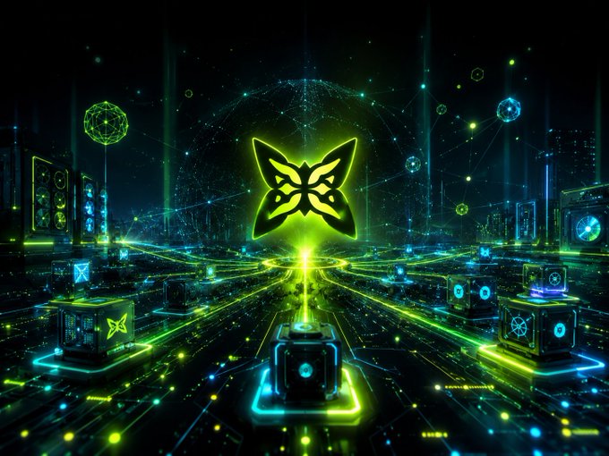 A vibrant neon green and blue cyberpunk-style digital artwork featuring a glowing butterfly symbol at the center, surrounded by floating geometric cubes and futuristic city elements.