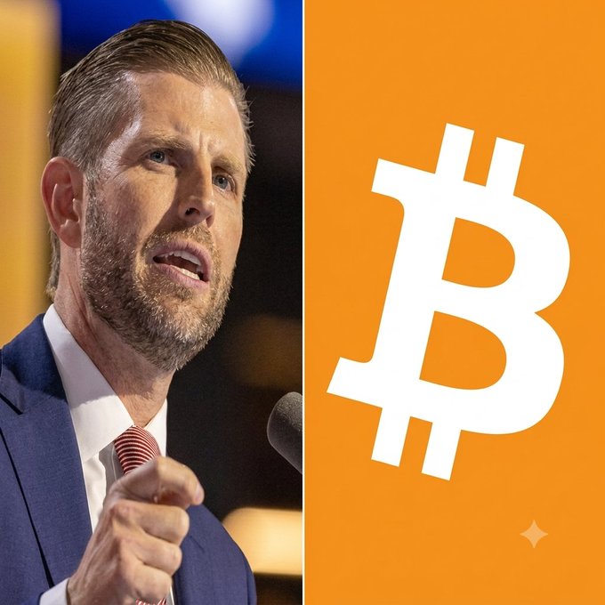 A man in a navy suit and red striped tie speaks at a podium, paired with an orange Bitcoin graphic featuring the iconic "₿" symbol, visually reinforcing the post's bullish message about American Bitcoin's strong Q1 mining margins and accumulation strategy.