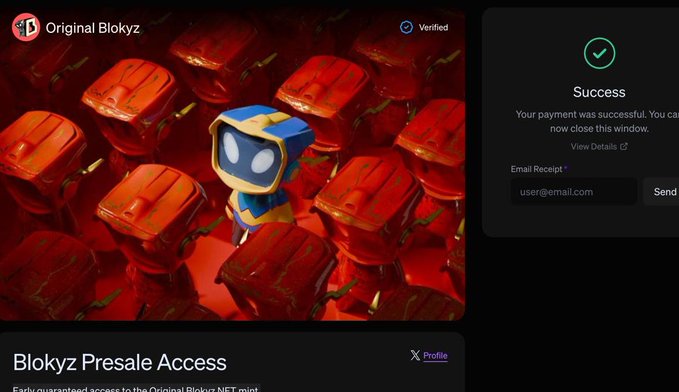 A user celebrates successful participation in the "Blokyz Presale Access" by Original Blokyz, with a payment confirmation screen showing "Success" and a receipt email field for the verified NFT mint project.