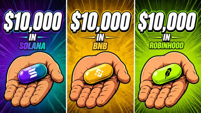 Three promotional graphics showing '$10,000 IN' rewards for Solana (SOL), BNB, and Robinhood (HOOD), each depicting a hand holding the respective token's coin.