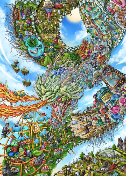 "A Dragon's Tale" artwork by @TransientLabs, which depicts a dragon with flames coming out of its mouth, flying through the sky and surrounded by various elements like trees, mountains, houses, cars, and people. The painting is full of intricate details, making it an excellent example for someone interested in art or fantasy themes. It features several other characters such as the "B", "O", and "G" who are depicted throughout the piece. Additionally, there's a hint about the artwork being on sale at 0.069e, which could be useful information for those searching for this particular artwork online.
