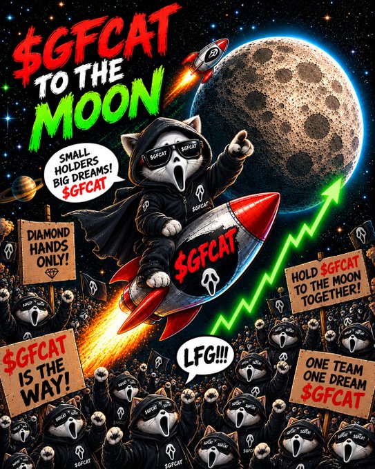 A colorful meme-like illustration shows “$GFCAT” rocket branding, a cat-headed astronaut, a moon, crowds holding signs, and text including “TO THE MOON,” “SMALL HOLDERS BIG DREAMS!,” “DIAMOND HANDS ONLY!,” and “LFG!!!”