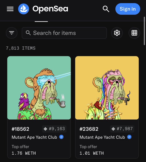 A mobile screenshot of the OpenSea NFT marketplace displaying two Mutant Ape Yacht Club NFTs (#18562 for 1.76 WETH and #23682 for 1.01 WETH) among 7,813 items.
