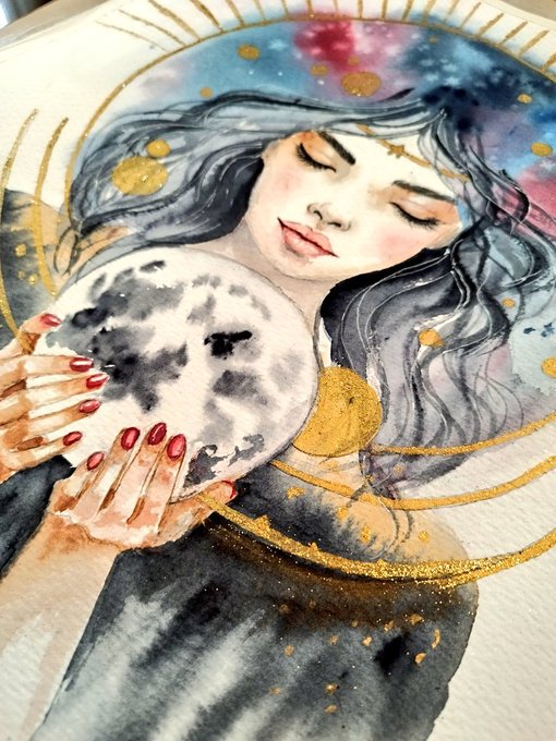 A watercolor and gold-leaf painting of a serene woman with flowing dark hair and closed eyes, cradling a large moon against a celestial, galaxy-filled backdrop. The mystical artwork pairs with the caption's hopeful tone of waiting for "one day will be my turn," evoking themes of yearning, wonder, and the quiet beauty of dreams yet to come.
