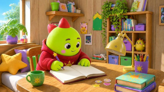 A cute green character with red horns, wearing a red hoodie, sits at a wooden desk writing in a notebook with a yellow star lamp, surrounded by books, plants, and a green mug.

The image shows a cartoon green character with red horns, wearing a red hoodie, sitting at a wooden desk in a cozy, colorful room. The character is writing in an open notebook with a yellow lamp, surrounded by stacked books, a green mug with a sun design, a star-shaped pillow, and a bookshelf filled with books, plants, and a small yellow chick plushie—fitting the "sleepagotchi" pet theme mentioned in the post.