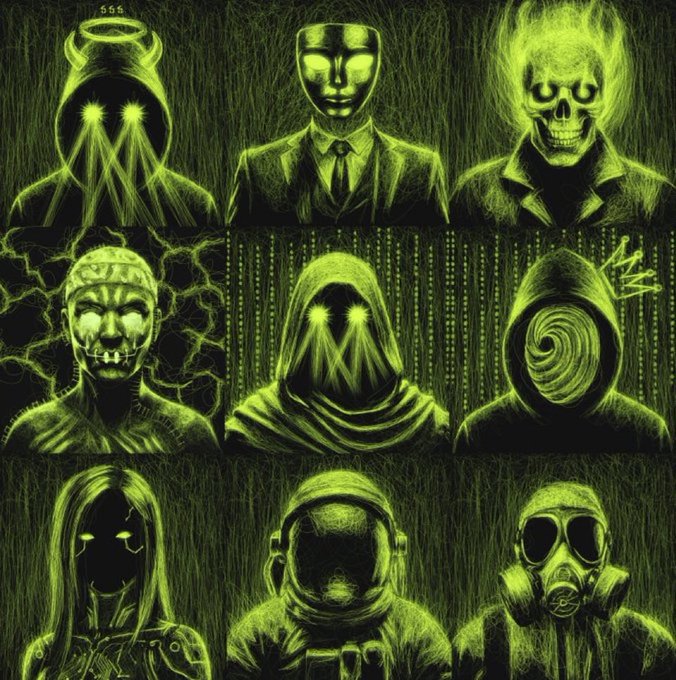 A green and black illustration depicting a 3x3 grid of various ominous, masked, or hooded figures, including a skull, a figure with a crown, and one wearing a gas mask.