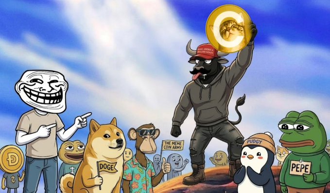 A meme-style illustration featuring popular internet characters including Doge, Trollface, Pepe the Frog, Pudgy, and a bull figure in a red 'Make America Wealthy Again' hat holding up a Pi Network (π) coin.