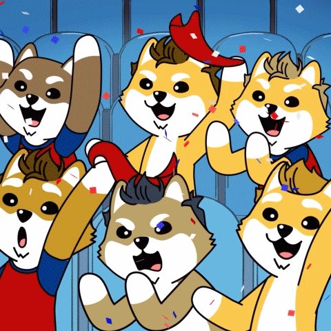 The image features a group of cartoonish dogs, each wearing a hat and standing up with their arms raised high. They are all dressed in matching outfits that include hats. The background shows a blue sky filled with confetti falling from above, creating a festive atmosphere. The caption "Ready for day 2" suggests that the scene is set to take place on Day 2 of an event or celebration.