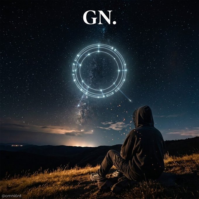 A hooded figure sits on a hillside beneath a starry night sky, gazing up at a glowing circular celestial symbol, with the text "GN." displayed prominently and the watermark "@omni6nt" in the corner—evoking a sense of nighttime reflection and trust in the journey, much like the accompanying message "TRUST THE PROCESS."