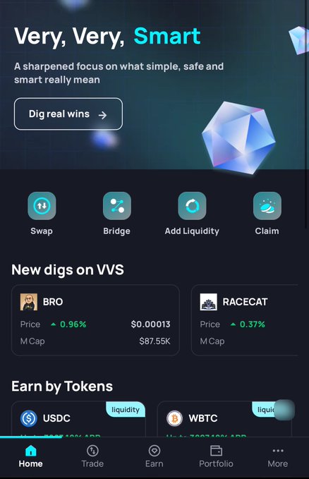 A mobile app screenshot for a crypto trading platform showing 'Very, Very, Smart' branding, with Swap/Bridge/Add Liquidity/Claim options and tokens like BRO and RACECAT listed under 'New digs on VVS'.