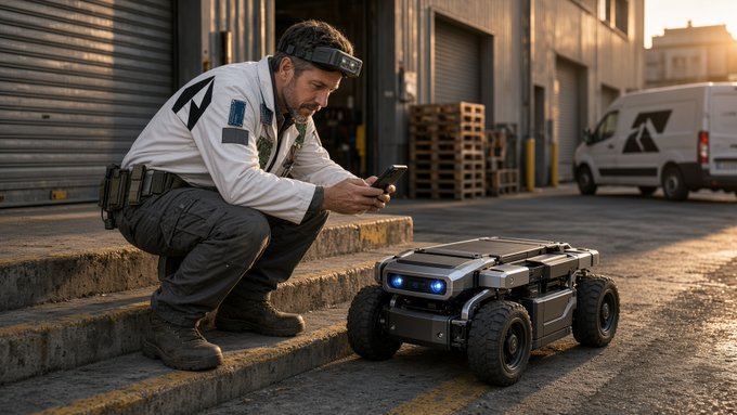A futuristic scene of a man wearing a head-mounted device and a white uniform with a logo, kneeling on a curb while using a smartphone to control a rugged, four-wheeled robotic rover with blue lights.