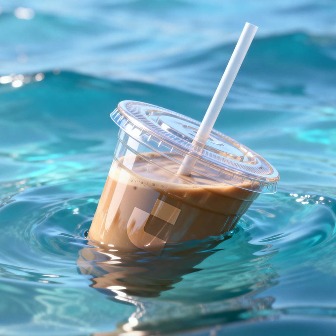 An iced coffee in a plastic cup with a white straw floats partially submerged in vibrant blue water. The "GM" (good morning) greeting pairs with the visual of a fresh coffee drink by the pool to convey a relaxed, refreshing start to the day.