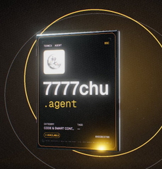 A digital NFT or trading card labeled '7777chu .agent' displayed at an angle with a golden ring background, showing limited edition branding and rarity details.