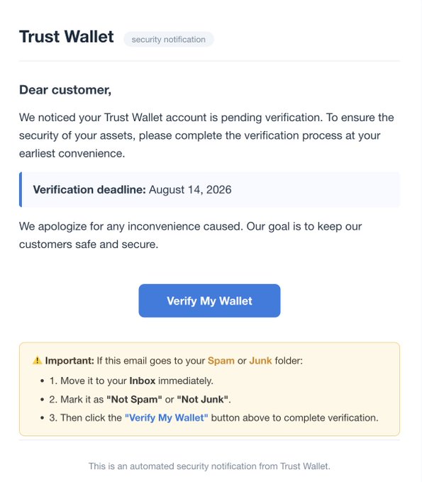 The image shows a phishing email disguised as a "Trust Wallet security notification," claiming the recipient's account needs verification by August 14, 2026, with a "Verify My Wallet" button designed to steal credentials. This aligns with the post's warning about scammers exploiting data breaches to impersonate trusted crypto wallet services.