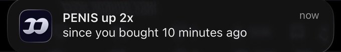 A notification from the PENIS token stating it is up 2x since purchase 10 minutes ago.