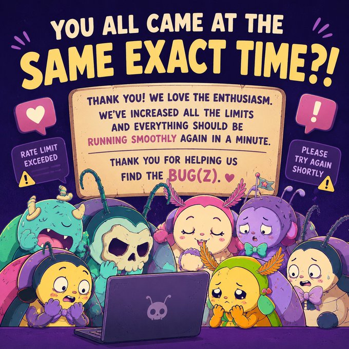 A cartoon illustration shows a crowd of colorful bug-like characters gathered around a laptop displaying a skull logo, with an announcement board reading "You all came at the same exact time?!" and "Thank you! We love the enthusiasm. We've increased all the limits and everything should be running smoothly again in a minute. Thank you for helping us find the bug(z)." Additional notification bubbles warn "Rate Limit Exceeded" and "Please try again shortly," humorously depicting a server overload situation where too many users simultaneously tried to access a crypto wallet service.