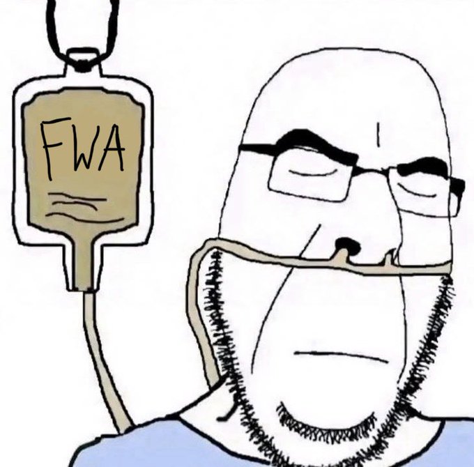 A cartoon illustration depicts a bald, bearded man with glasses receiving an IV drip labeled "FWA."