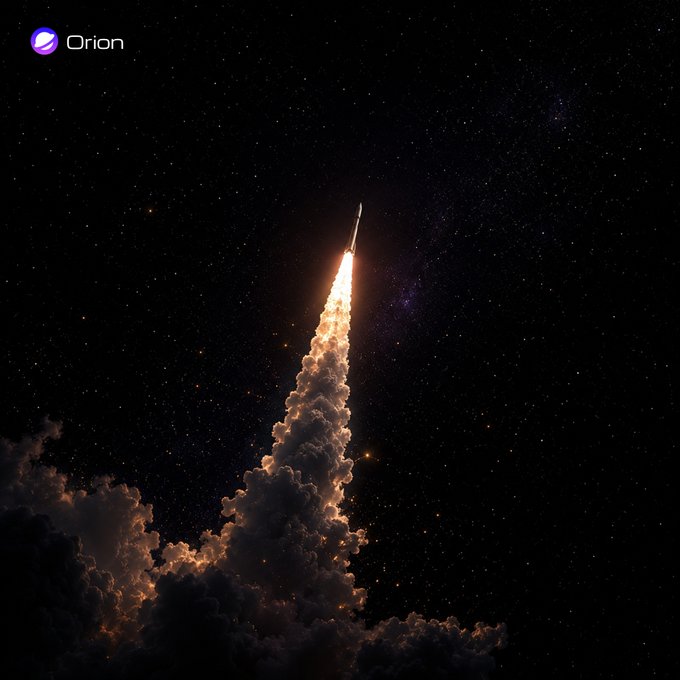 A rocket soars into a starry sky with a fiery exhaust trail, while the "Orion" logo appears in the top left corner—visually reinforcing the post's metaphor of Orion on BNB Chain accelerating toward the next frontier.