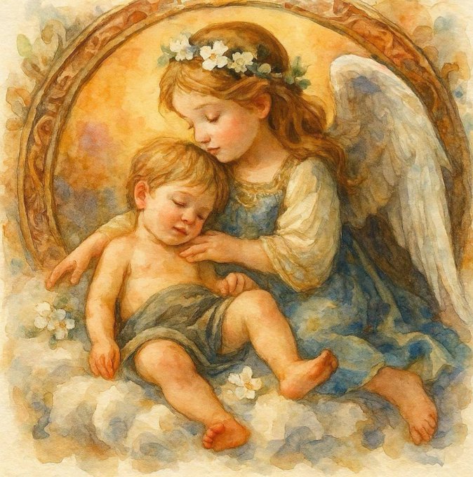 A classical-style painting of a winged angel with a flower crown tenderly holding a sleeping child, rendered in soft watercolor tones within an oval frame.