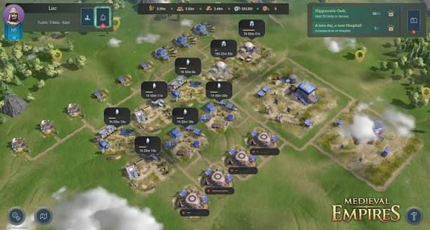 A gameplay screenshot of "Medieval Empires," a strategy game displaying a village with multiple buildings, resource counts, and upgrade timers across the map.