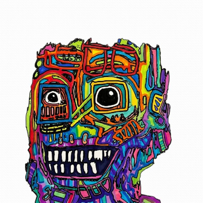 A vibrant, colorful psychedelic illustration of a face with exaggerated features, including large eyes, a wide toothy grin, and a chaotic mix of bright colors.
