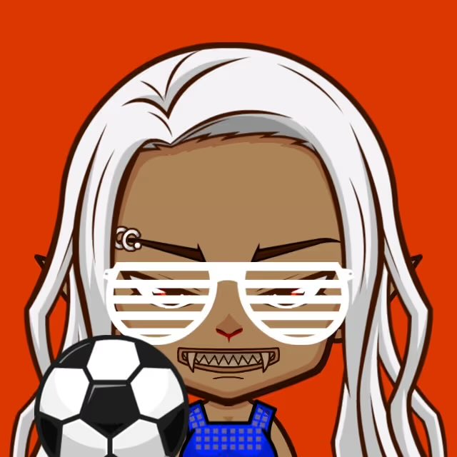 A cartoon character illustration of a dark-skinned figure with long white hair, wearing shutter-style sunglasses and holding a soccer ball against a red background.