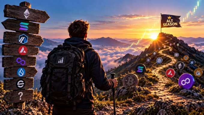 An AI-generated image of a hiker looking toward 'ALT SEASON' peak, surrounded by crypto coin logos including Solana, Polygon, Avalanche, and Sui.