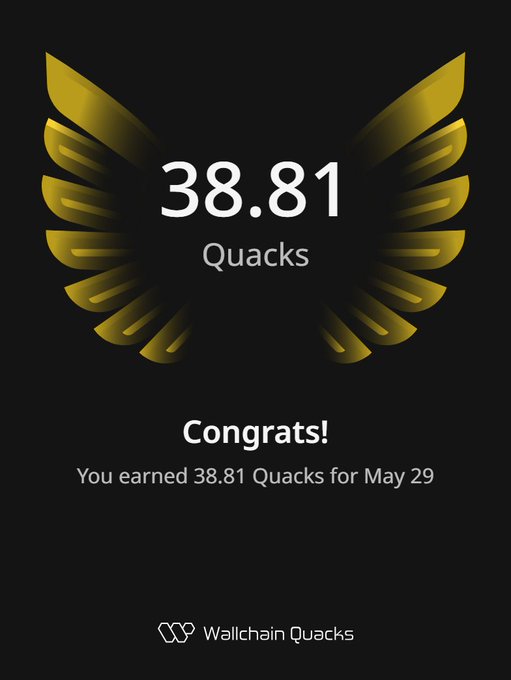 The image features an award for Quack Heads, which was given to Quack Days. The award is presented as a gold-colored trophy with a yellow bird's wing design at its center. The text "concludes" indicates that the award has been completed and the recipient of the award is now recognized in the Wallchain community.