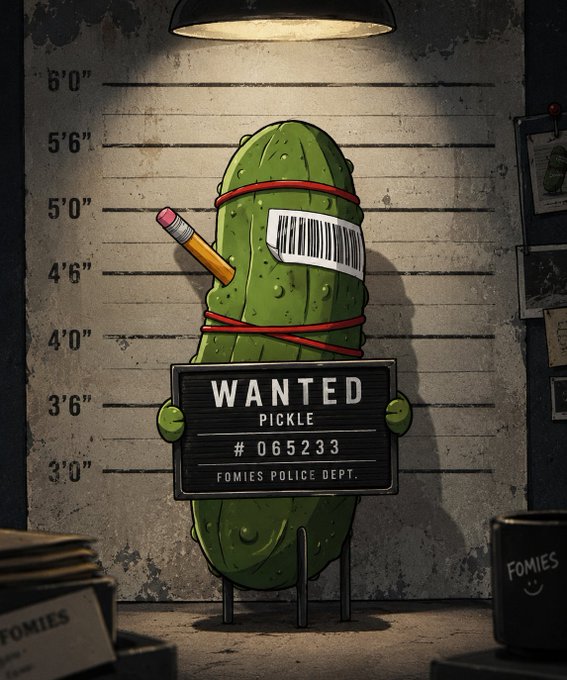 An illustrated 'WANTED' poster featuring an anthropomorphic pickle holding the sign, with a pencil in its side and a barcode on its body, displayed against a police lineup height chart background. The sign reads 'WANTED PICKLE # 065233 FOMIES POLICE DEPT.'