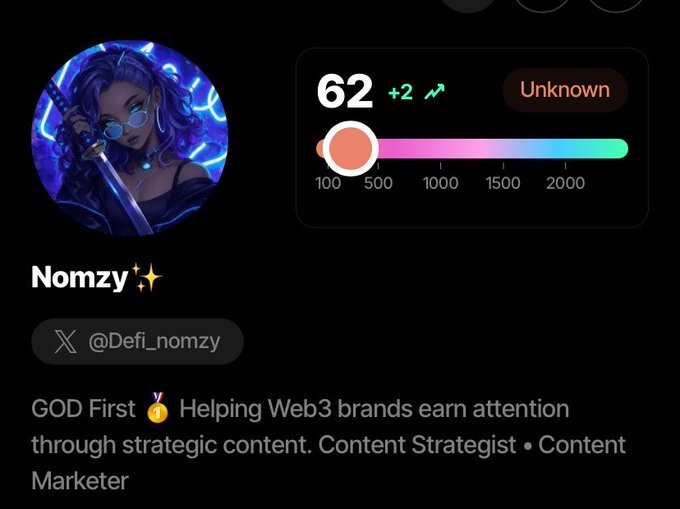 A profile screenshot for 'Nomzy✨' (@Defi_nomzy) on a platform, showing a level of 62 and a bio stating 'GOD First ✌️ Helping Web3 brands earn attention through strategic content. Content Strategist • Content Marketer.'