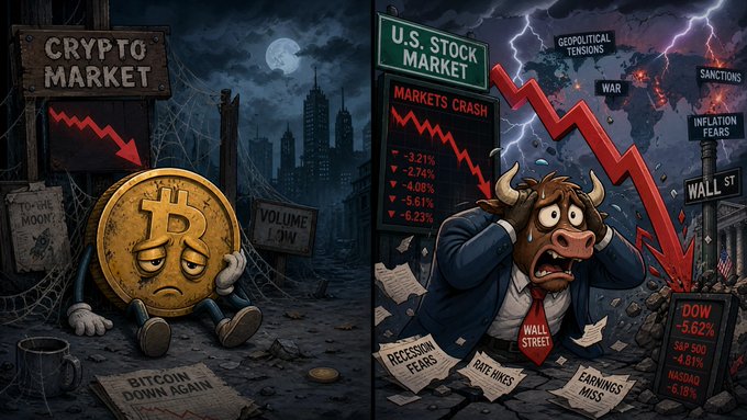 A split cartoon illustration shows a sad, slumped Bitcoin coin in the dim "Crypto Market" scene alongside news of "Bitcoin Down Again" and "Volume Low," while the right side depicts a panicked bull at "Wall Street" under a stormy sky of "War," "Geopolitical Tensions," and "Sanctions," with falling charts showing the Dow -5.62%, S&P 500 -4.81%, and Nasdaq -3.78%. The image visually echoes the post's point about Bitcoin and U.S. equities (Dow, S&P, Nasdaq) both declining together amid geopolitical risk, highlighting why Bitcoin's "digital gold" safe-haven narrative keeps failing as it tracks risk assets rather than hedging against them.