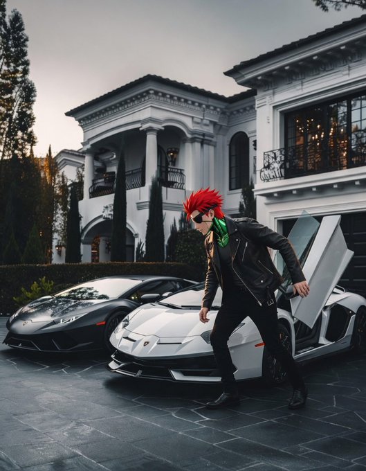 The image features an anime-style cosplay character with bright red spiky hair, a black eyepatch, and green hair accents, striking a dynamic pose in front of two luxury sports cars (a white Lamborghini and a dark Lamborghini) parked in the driveway of a grand mansion. The lavish setting of exotic cars and opulent estate visually reinforces the post's message about a premium, high-value neobank offering that combines trading, Visa spending, and yield-earning—all conveniently packaged into one sleek, user-friendly app.