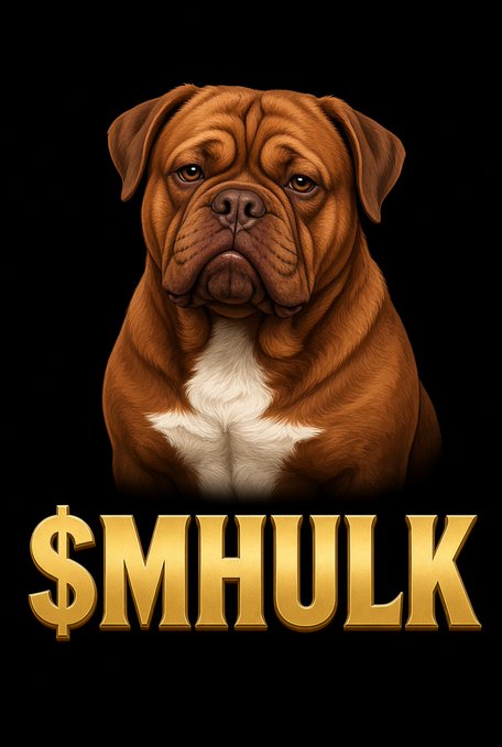 An illustrated portrait of a sad-looking brown dog with a white chest against a black background, with '$MHULK' displayed in large gold text below.