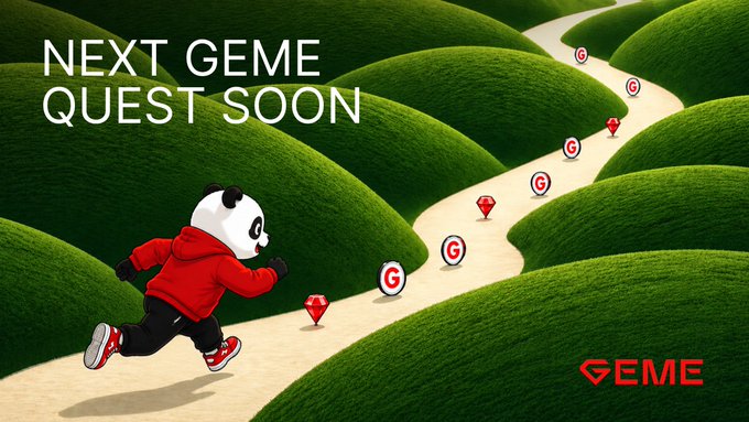 A vibrant green graphic announces 'NEXT GAME QUEST SOON' featuring an animated panda character running along a path toward reward markers, branded with the 'GEME' logo.