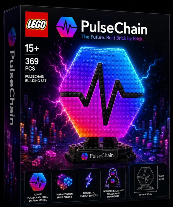 !!!The image shows a Lego PulseChains display with four different colors and shapes including dots of lights (purple), circles (blue), triangles (red), and squares (black). The post has several bullet points explaining that this is an electronic pulse chain kit made by @29KingsMan96, featuring a unique design that can be used as a display or for educational purposes. A text at the bottom of the image reads: "PulseChains remains building, brick by brick Credit: @29KingsMan96".