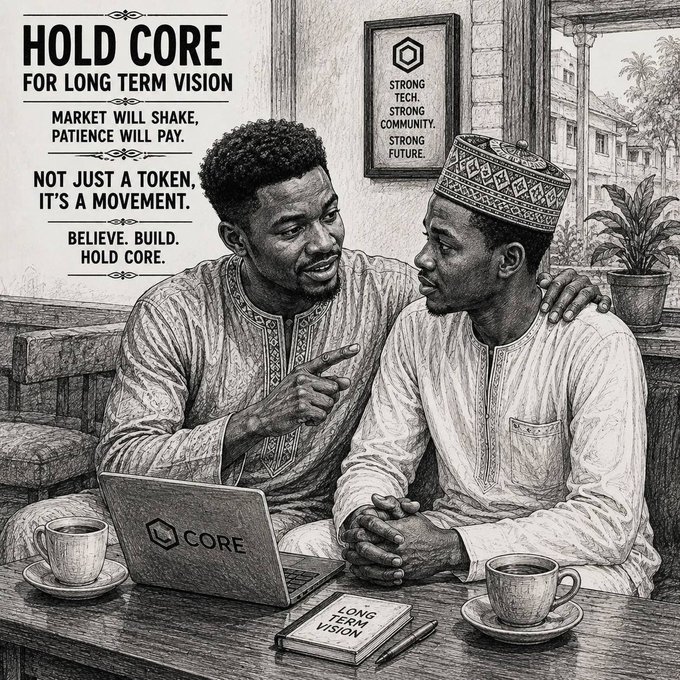 A black and white sketch-style advertisement for 'CORE' featuring two men in traditional African attire sitting at a table with a laptop displaying the CORE logo, with promotional text including 'HOLD CORE FOR LONG TERM VISION,' 'STRONG TECH. STRONG COMMUNITY. STRONG FUTURE,' and 'NOT JUST A TOKEN, IT'S A MOVEMENT.'