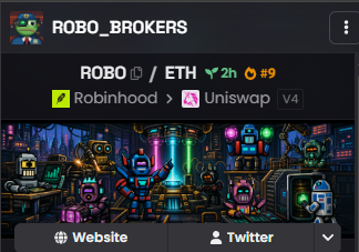 A cryptocurrency tracking app entry for "ROBO_BROKERS" displays the token ROBO paired with ETH, showing a 2-hour price increase of 9% and a liquidity source on Uniswap V4 via Robinhood. The pixel-art robot avatars and cryptocurrency theme align with the post's update about adding a DEX (decentralized exchange) listing while awaiting OpenSea verification for the NFT collection.