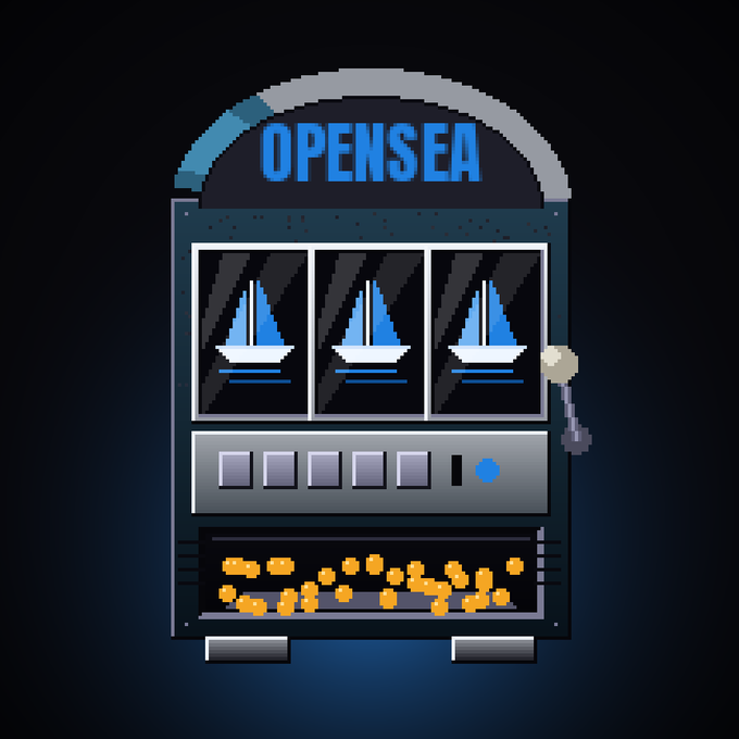 A pixel art slot machine branded "OPENSEA" displays three matching sailboat symbols, with gold tokens piled in the bottom tray, visually representing the lucky-draw giveaway for the GA 15 GTD project on the Solana chain.