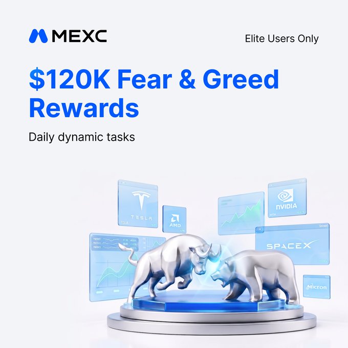MEXC promotes its "$120K Fear & Greed Rewards" campaign for Elite Users, featuring a silver bull and bear statues clashing on a podium surrounded by trading dashboards and logos of stocks/companies like Tesla, AMD, NVIDIA, SpaceX, and Micron—visually symbolizing the bull vs. bear market battle that determines each user's daily challenge in the Fear & Greed campaign.